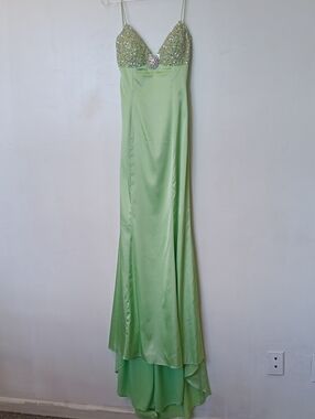 Light Green Beaded Spaghetti-Strap High-Low Evening Dress